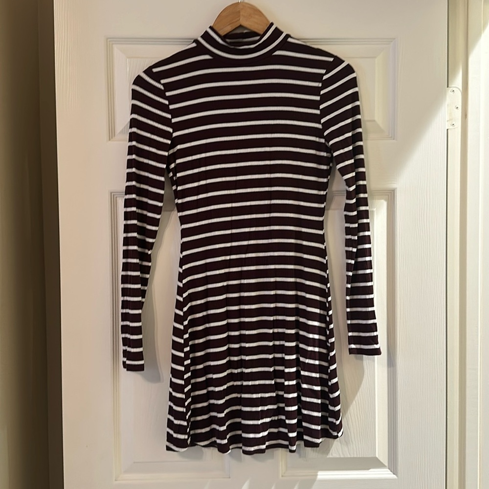 Forever 21 Brown and White Strip Long Sleeve Dress